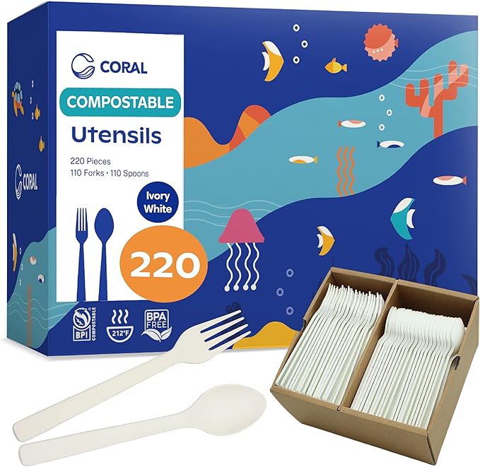 CORAL Light Brown Compostable Heavy Duty Spoons & Forks Set 220 Pieces Bulk