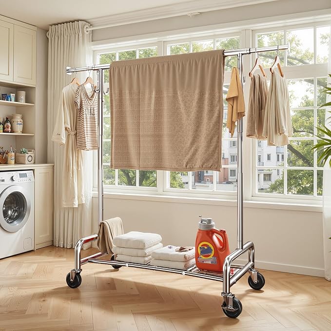 Raybee Heavy Duty Clothes Rack 75" Extra Wide, 450 LBS Clothing Rack with 4 Hooks, Lockable Wheels, Metal Garment Rack for Bedroom, Laundry Room, Commercial