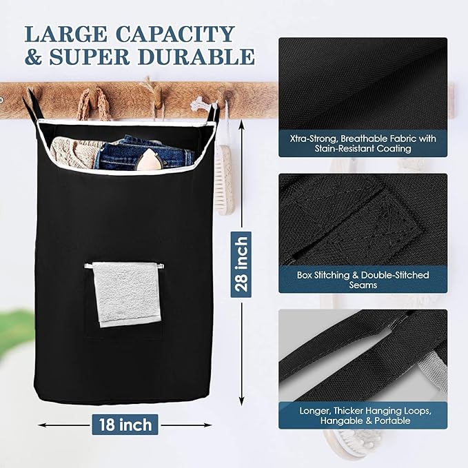 The Fine Living Co. Large Hanging Laundry Hamper with Over Door Hooks & Adhesive, Durable Space Saving Laundry Bag with Zipper and Wide Open Top, Hanging Dorm Laundry Hamper 18"x4.75"x28" (Black-L)