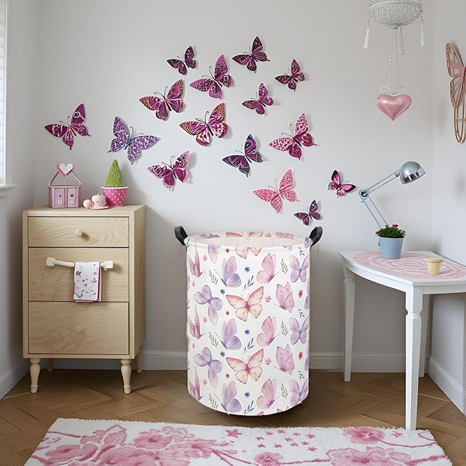 HIYAGON Butterfly Baby Laundry Basket Baby Hamper for Nursery Girl Kids Butterfly Hamper Cute Kids Toys Storage Bin Organizer Butterfly Room Decor for Home(Watercolor Butterfly)