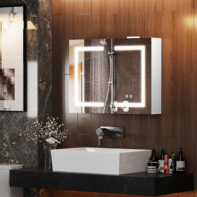 Snughome Bathroom Medicine Cabinet with Mirror and LED Lights, Wall Mount Bathroom Mirror with Storage, Anti-Fog, Built-in Power Outlets, Dimmable 3 Color Temp, Antirust Easy to Install, 31.5" x 23.6"