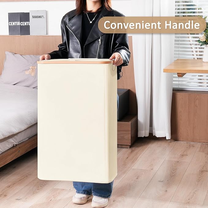 Slim Laundry Basket with Lid, Narrow Dirty Clothes Hampers for Laundry with Handle, Skinny Laundry Bin for Laundry Room, Dorm, Bedroom and Bathroom, 19.8 Gallon (75L) Beige