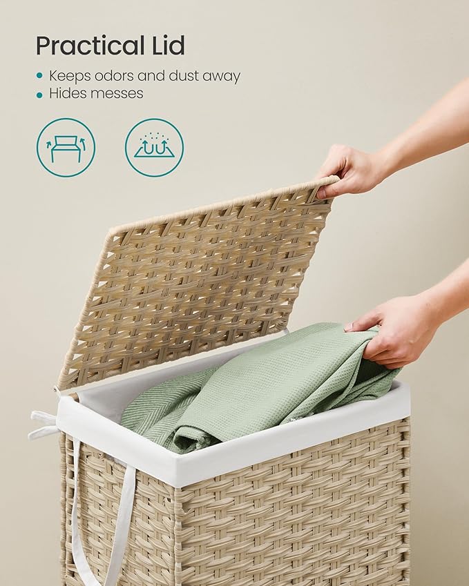 SONGMICS Laundry Hamper with Lid, 23.8 Gallon (90L) Synthetic Rattan Clothes Laundry Basket with Lid and Handles, Foldable, Removable Liner, Summer Sand ULCB051LZ01