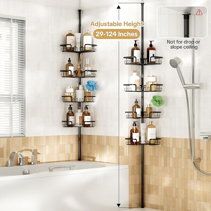 Corner Shower Caddy Tension Pole Adjustable 29–124 Inch, 4 Tier Rustproof Shower Organizer Shelf Rack, Quick Installation Bathroom Storage Shower Caddy Corner Pole, Black