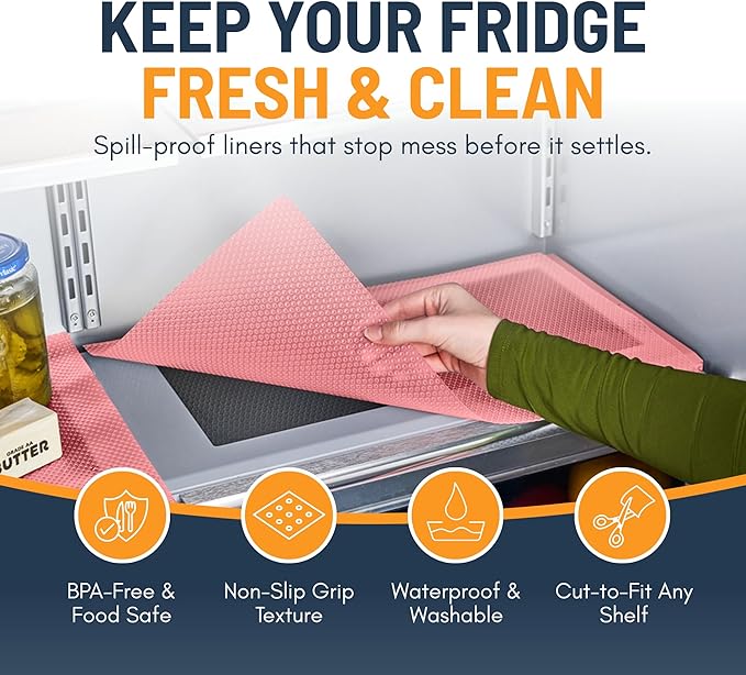 Refrigerator Liners for Shelves (8 Pack) by Linda’s Essentials - Non-Adhesive Shelf or Drawer Liner, BPA-Free Fridge Mats for Kitchen & Cabinets, Easy to Clean, Ideal Household Essentials (Pink)