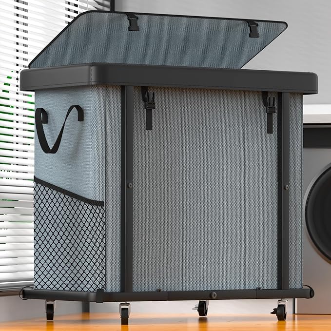 230L (60 Gal) Large Fashion Laundry Basket with Wheels, Leather Patchwork Laundry Sorter 3 Section, Sturdy Metal Frame, Removable Washable Bag, Tall Clothes Sorter for Bedroom - Gray