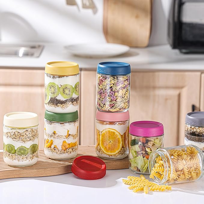 16 OZ Overnight Oats Jars with Lids 8 Pack, Glass Meal Prep Containers, Reusable Food Storage Jars, Airtight Mason Jars for Breakfast, Yogurt Parfait, Salad, Smoothies(8 Pack)