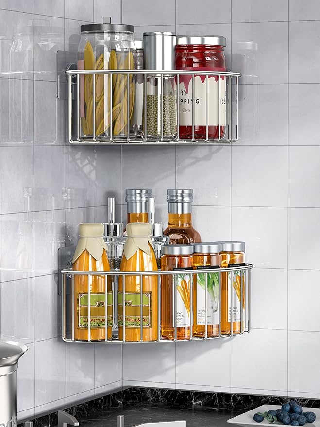 SMARTAKE 2-Pack Corner Shower Caddy Deep Basket Design, SUS304 Stainless Steel, Wall Mounted Bathroom Shelf with Adhesive, Storage Organizer for Toilet, Dorm and Kitchen (Silver)