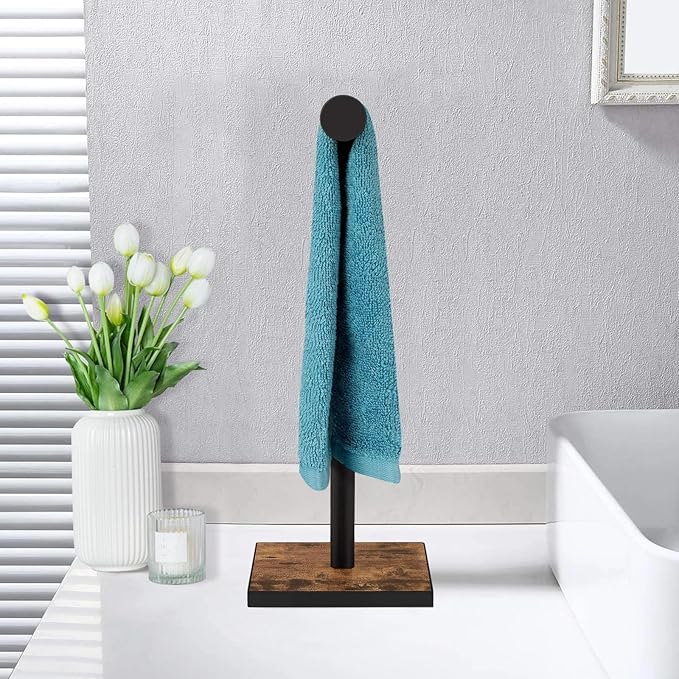 Hand Towel Holder Stand, Bathroom Hand Towel Rack with Weighted Base, T-Shape Standing Towel Racks, Farmhouse Countertop Towel Stand for Kitchen Counter, Rustic Black Brown