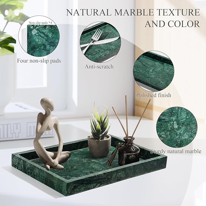 Real Natural Marble Tray for Bathroom, Genuine Marble Stone Vanity Tray, Luxury Storage Trays for Kitchen, Vanity, Home Decor, Dresser, Non-Resin/Non-Ceramic, 12"x 8"x 1.2", Dark Green