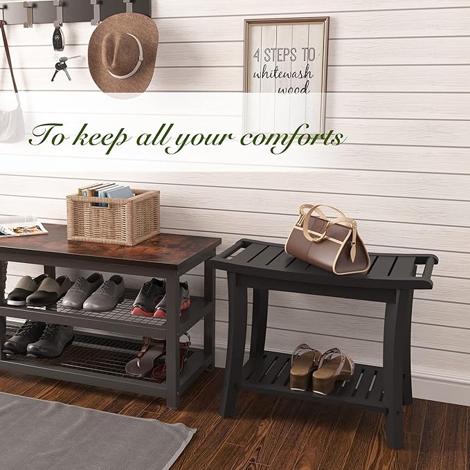 Bamboo Shower Bench Inside Shower Stool with Storage Shelf, Spa Bath Chair for Bathroom, Seat or Organizer for Living Room, Bedroom and Garden - Great for All Ages Unisex Elderly (Large, Black)