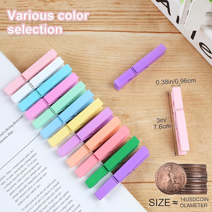 Phinus 72 Pcs Wooden Clothes Pins, 2.9 Inch Clothes Pins for Hanging Clothes, Pictures, Photos, Classroom, Crafts, Decoration, Colorful Clothespins Heavy Duty(Pastel Color)