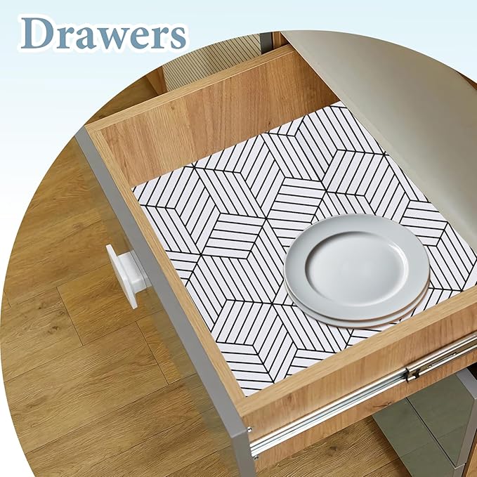 Shelf Liners for Kitchen Cabinets 12in x 30FT, Non Adhesive Cabinet Liner Strong Non-Slip Thickened Black White Geometric Drawer Liner, Easy to Clean for Shelf, Cabinet with Knife and Tape Measure
