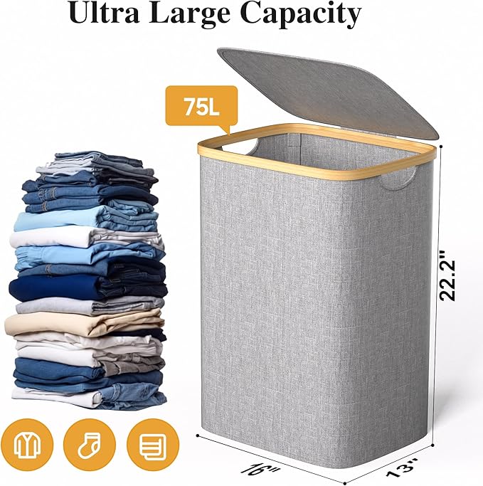 Large Laundry Hamper, 75L Waterproof Laundry Basket with Lid and Removable Bag, Collapsible Tall Clothes Hamper with Bamboo Handles for Clothes Toys in Dorm Bedroom Bathroom, Grey