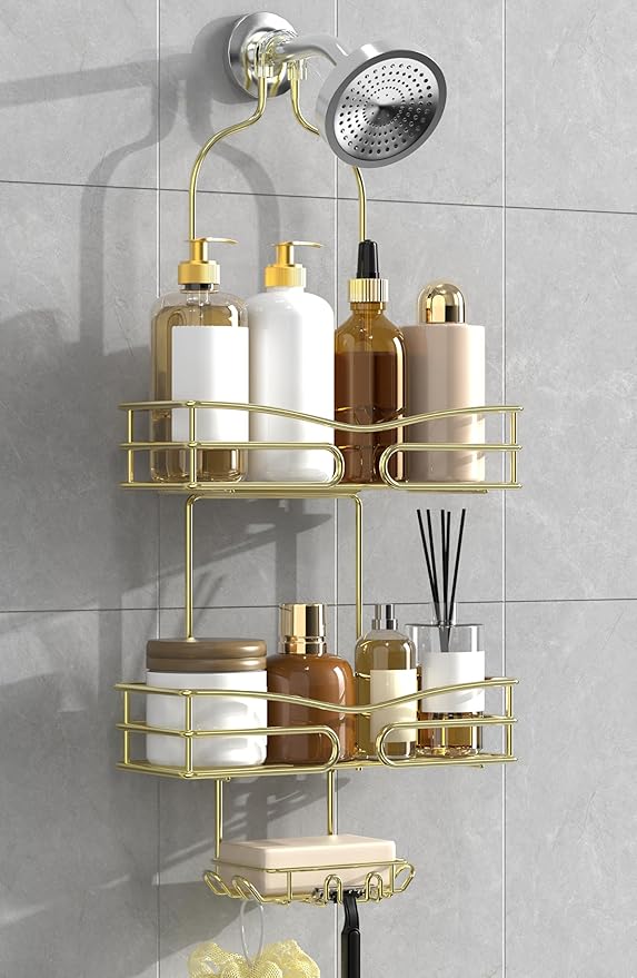 Over the Shower Head Caddy - 3 Tier Shower Caddy Hanging, Gold Bathroom Organizer with Soap Holder & Hooks