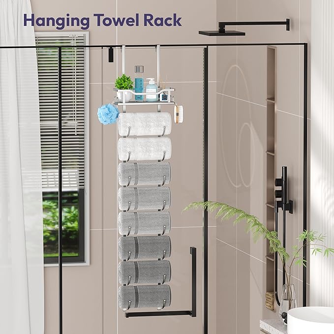 SWTYMIKI Over The Door Towel Rack - 9 Tier Towel Racks for Bathroom Wall Mounted, Towel Holder with Shelf, Hanging Rolled Towel Storage Organizer for Small Bathroom, Camper, RV, Sliver