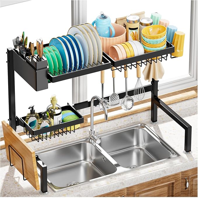 YKLSLH Over The Sink Dish Drying Rack 2 Tiers, for All Sinks (26.57"-35"),Expandable Large Capacity Sink Rack, Metal Drying Rack for Kitchen and Family Use