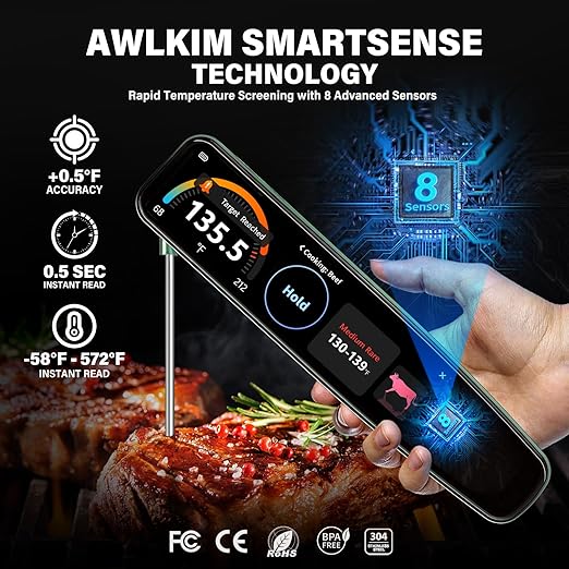 AWLKIM Instant Read Meat Thermometer Digital, 3.8" Touchscreen No App Needed Rechargeable Waterproof Kitchen Food Thermometer Probe for Cooking, Grill, BBQ, Candy, Oil Frying, 0.5F