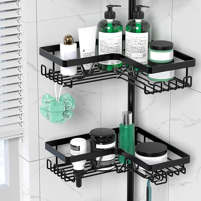 Tension Pole Shower Caddy, 4-Tier Stainless Steel Shower Organizer with 2 Removable Soap Holders, 25 to 114.2 Inches, for Bathtub/Bathroom Corner, Renters Friendly, Black