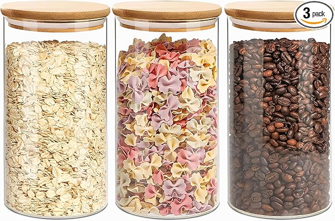 HVOPGEEUAN 2.2 Qt Square Glass Storage Containers with Lids, Clear Food Storage Container Jar with Sealing Bamboo Lid Storage Containers for Pasta, Oats, Coffee, Flour, Sugar (Square -3Pack)