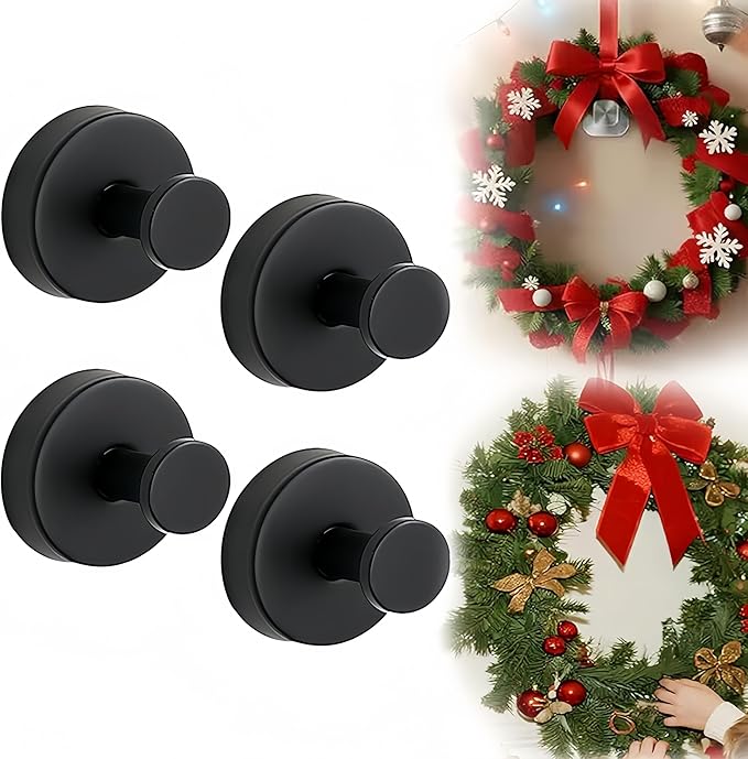 Suction Cup Hooks for Wreaths on Glass, 2026 Upgrade No Drill Towel Hooks Stainless Steel Waterproof Suction Cup Hooks, Wreath Hanger for Front Door for Kitchen, Bedroom (4, White)