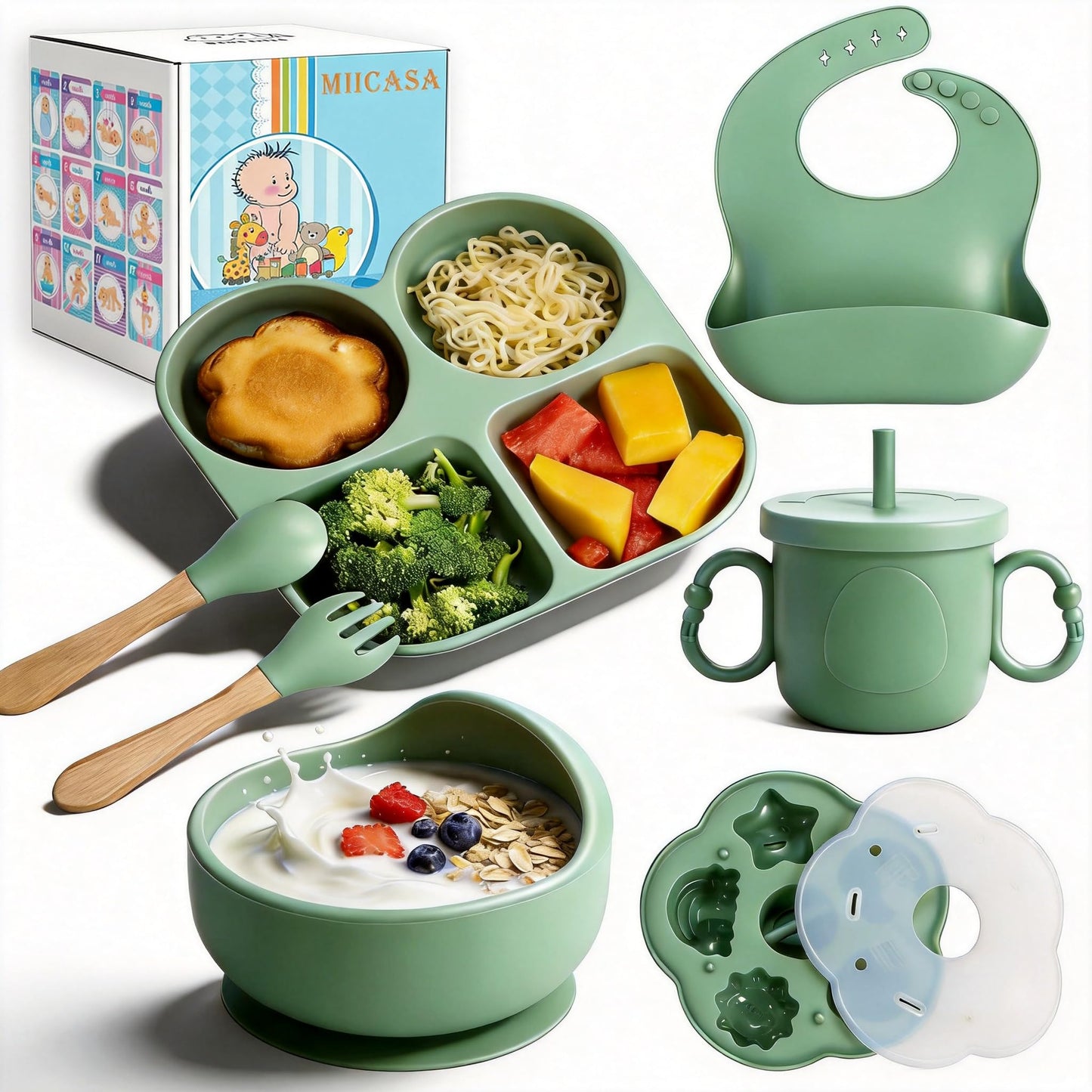MIICASA Silicone Feeding Set, Led Weaning Supplies, Food Tableware Suction Plate, Bowl, Spoons, Fork, Waterproof Bib, Cup & Complementary Food Cake Mold, Baby Eating Utensils