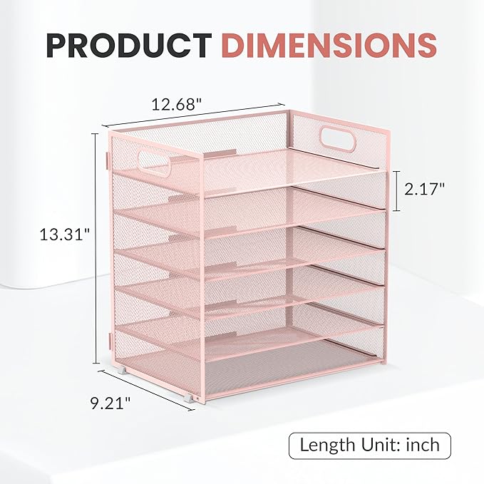 Daltack 6 Tier Paper Organizer for Desk, Paper Letter Tray Organizer for Desks, Mesh Desk File Organizers with Handle for Office, Home, School, Pink