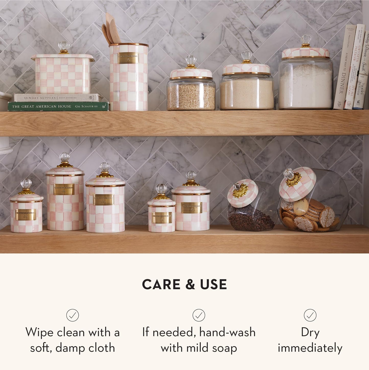 MACKENZIE-CHILDS Rosy Check Kitchen Canister, Decorative Pink-and-White Glass Storage Jar with Lid, Medium