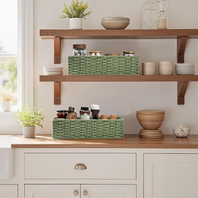 StorageWorks Sage Green Paper Rope Bathroom Basket Organizer and Storage for Tank Topper, Wicker Toilet Paper Basket for Back of Toilet Baskets, Small Narrow Tank Trays for Bathroom Decor, 2 Pack
