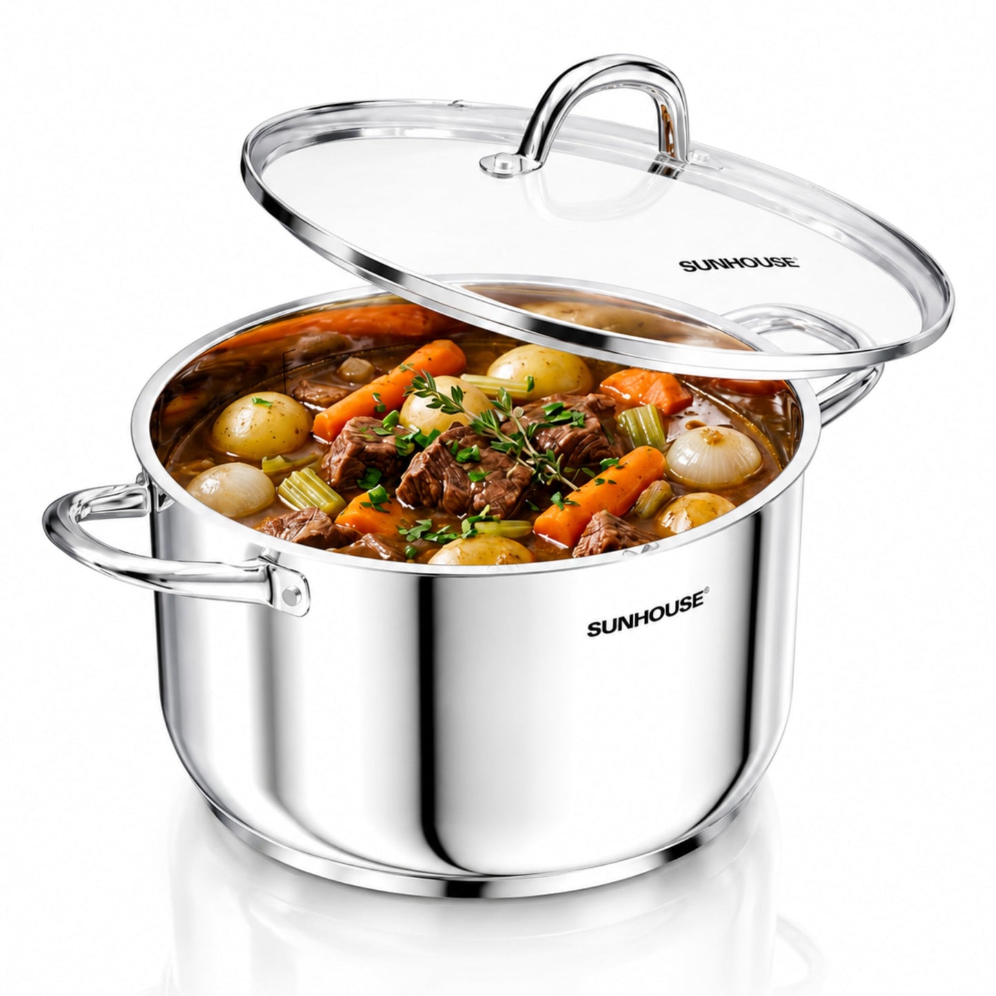 Sunhouse: Stainless Steel Stock Pot - 11 Quart - Tempered Glass Lid, 3-Ply Bottom, Soup-Pasta-Food, Boil-Simmer, All Cooktops, Dishwasher & Oven Safe