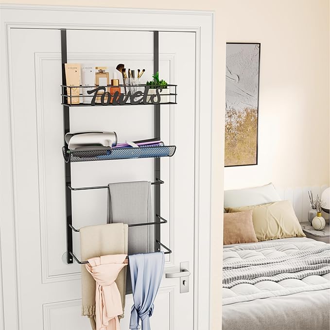 SWTYMIKI Over The Door Towel Racks for Bathroom - 5-Tier Wall Mounted Bathroom Towel Storage Organizer Holder with Metal Shelf, Black