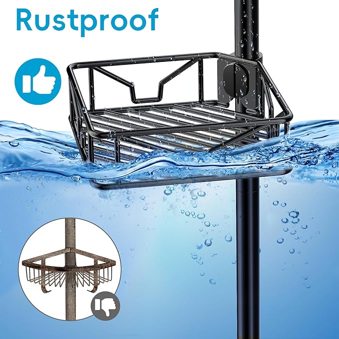 Skycarper 5 Tier Adjustable Corner Shower Caddy Organizer with Hooks,Rustproof Tension Pole 62-116 Inch, Black