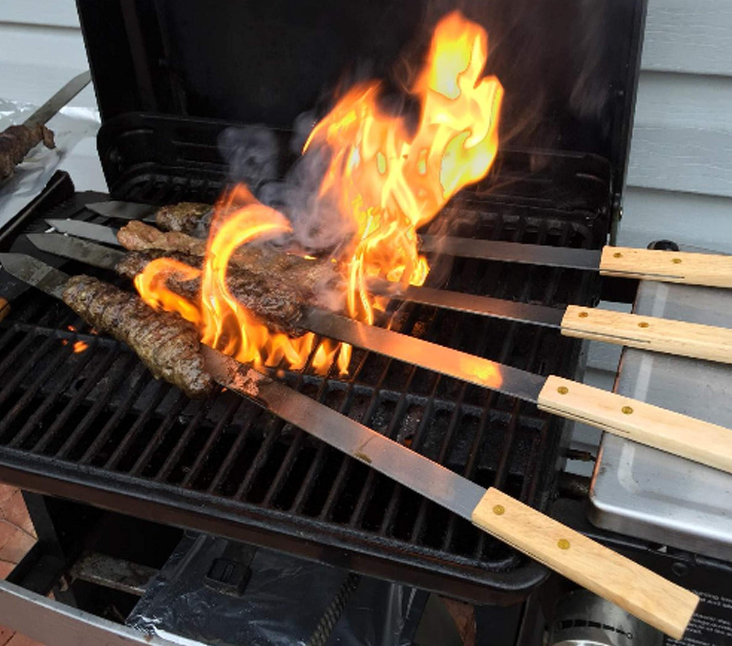 G & F Products BBQ Skewers, 23" Flat Stainless Steel Metal Kabob Skewers with Wooden Handles, Reusable 8-Piece Set with Storage Bag for Grilling Meat, Vegetable & Shish Kebab