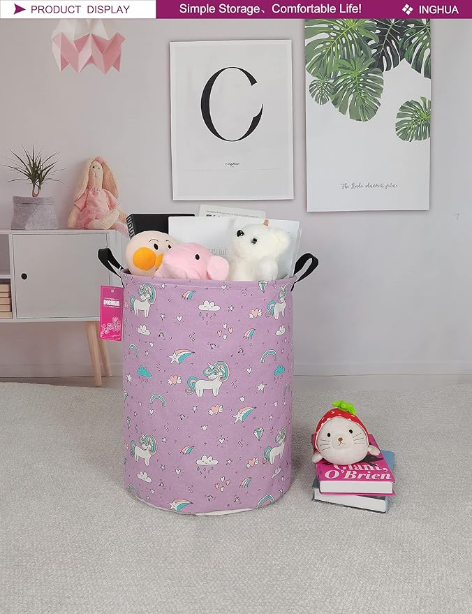 Laundry Hamper Large Canvas Fabric Lightweight Storage Basket/Toy Organizer/Dirty Clothes Collapsible Waterproof for College Dorms, Boys and Girls Bedroom,Bathroom(Unicorn)