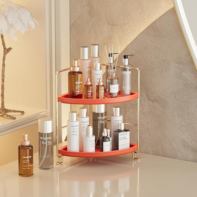 FSyueyun 2-Tier Corner Bathroom Counter Organizer, Tool-Less Installation Corner Vanity Organizer Small Plastics Countertop Makeup Tray Skincare Perfume Organizers (Gold & Orange)