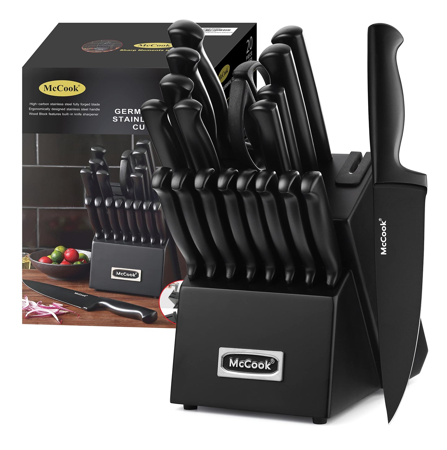 McCook® Kitchen Knife Sets, Golden Titanium Stainless Steel Knives Block Set with Built-in Sharpener, 20 Piece Knives, Restaurant Grade Sharp, Elegant Gold & Stylish Wooden Block for Modern Culinary