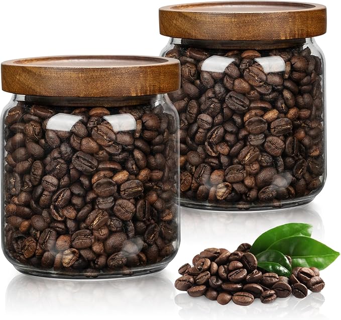 piconesper 2PCS Small Glass Storage Jars with Airtight Lids, 11 fl oz (300ml) coffee container with Wooden Lid, Glass Pantry Canister for Beans, Rice, Sugar and etc
