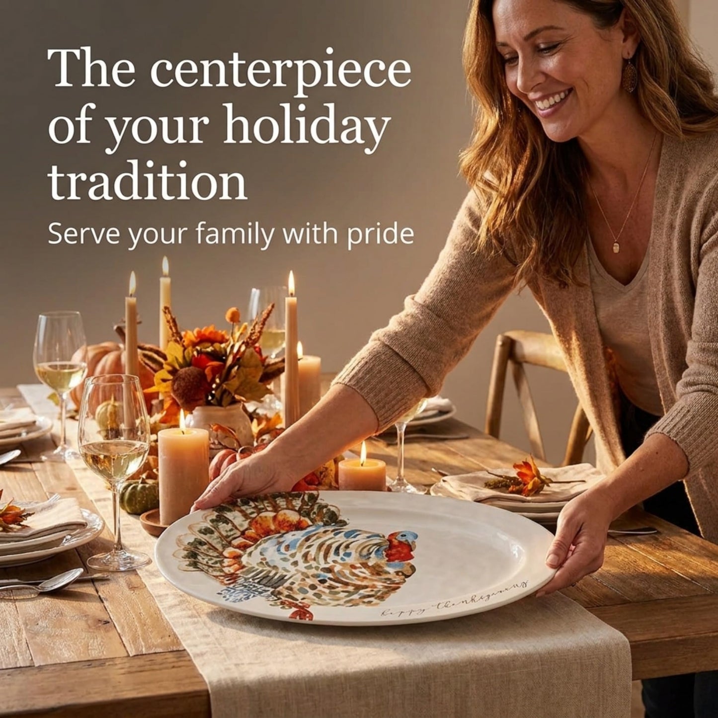 Mud Pie Turkey Platter, Large Thanksgiving Serving Platter, White Ceramic