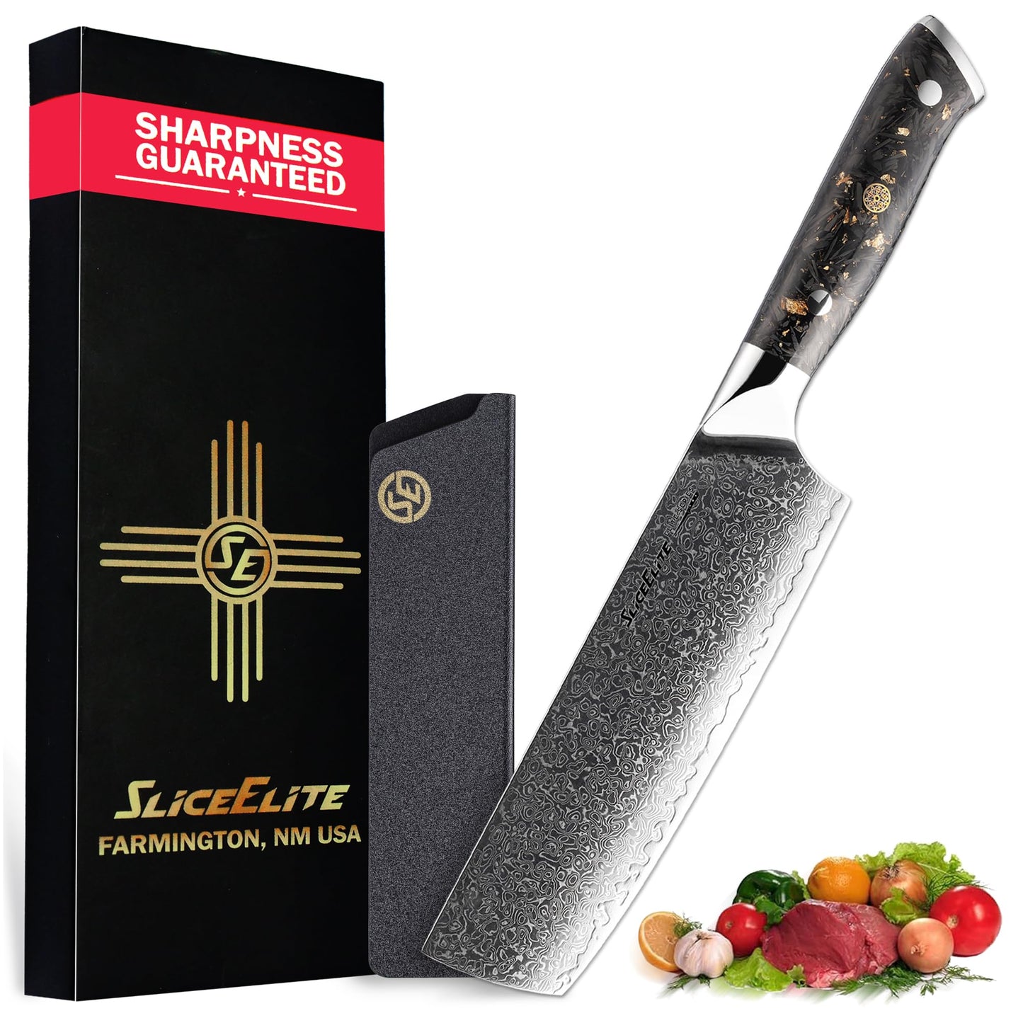 Damascus Meat Cleaver VG10 Steel 7 Inch Blade Leather Sheath & Blade Guard