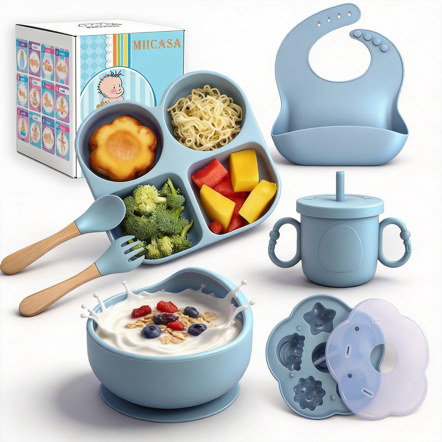 MIICASA Silicone Feeding Set, Led Weaning Supplies, Food Tableware Suction Plate, Bowl, Spoons, Fork, Waterproof Bib, Cup & Complementary Food Cake Mold, Baby Eating Utensils