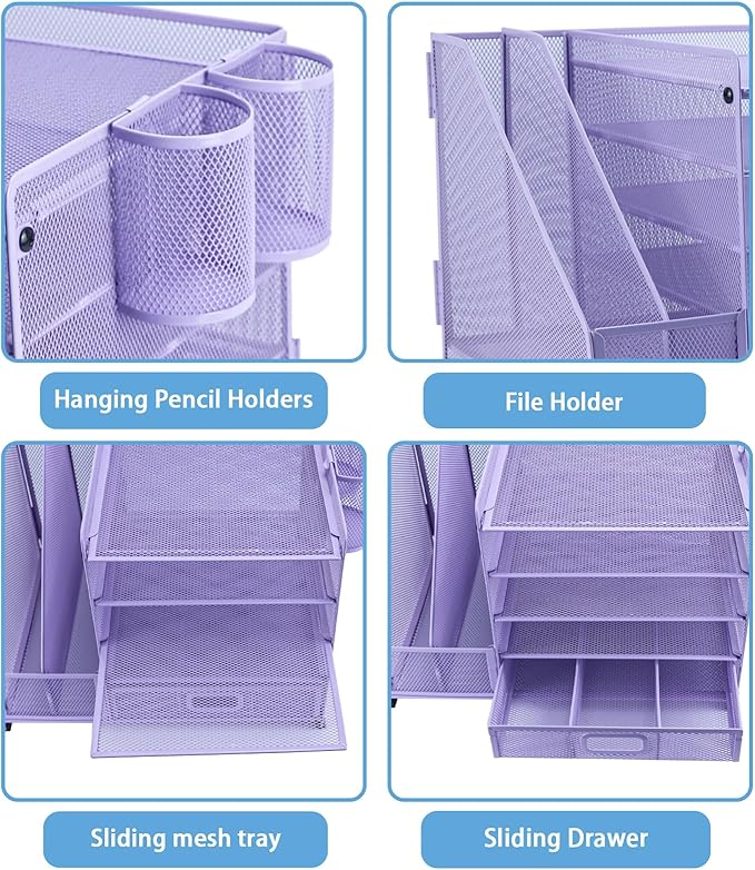 Desk Organiser File Holder With 2 Pen Holder, 5 Tier Paper Letter Tray Organiser with Drawer,Mesh Desktop Storage with Magazine Holder for Office Supplies, Purple