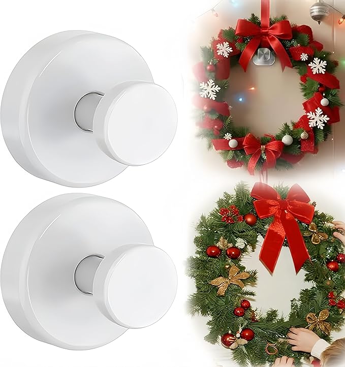 Suction Cup Hooks for Wreaths on Glass, 2026 Upgrade No Drill Towel Hooks Stainless Steel Waterproof Suction Cup Hooks, Wreath Hanger for Front Door for Kitchen, Bedroom (4, White)