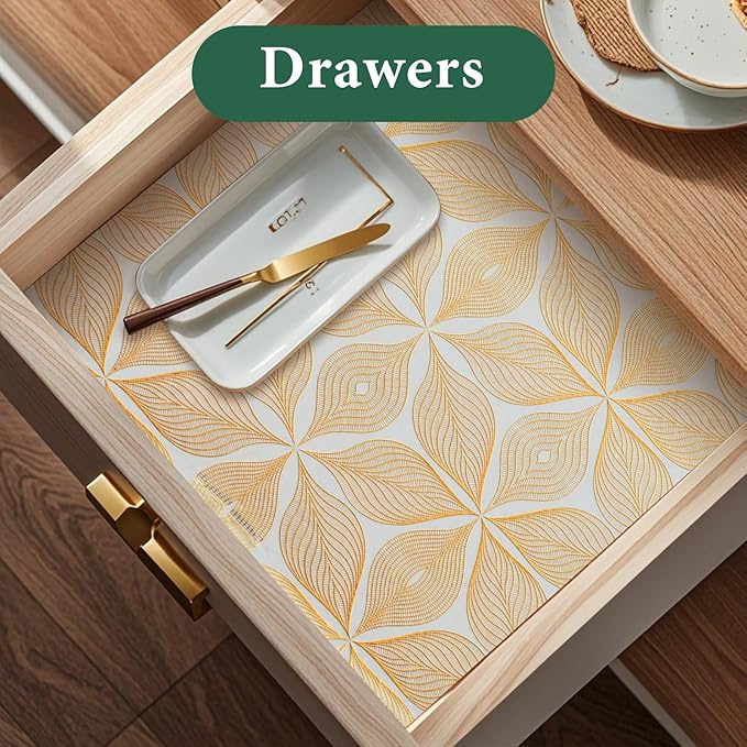 Drawer and Shelf Liner for Kitchen Cabinet: 23.6 in X 20 Ft Waterproof Shelf Paper Non Adhesive Refrigerator Liners Golden Leaf Easy Liners for Bathroom with Knife Tape Measure