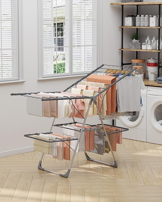 Clothes Drying Rack, Foldable 2-Level Laundry Drying Rack with Height-Adjustable Wings, for Clothing & Bedding, Free-Standing Space-Saving Rack, Indoor & Outdoor, 55.5" L × 22.8" W, Gray
