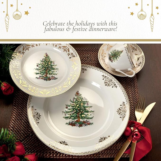 Spode Christmas Tree Gold Dinner Plate - Festive Holiday Serveware