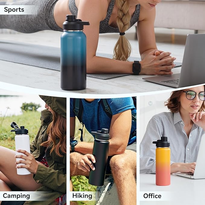 32 oz Insulated Water Bottle with Handle, 304 Stainless Steel Water Bottles with Wide Mouth, Double Wall Vacuum Sports Water Bottle, BPA Free, Keep Cold and Hot, Black