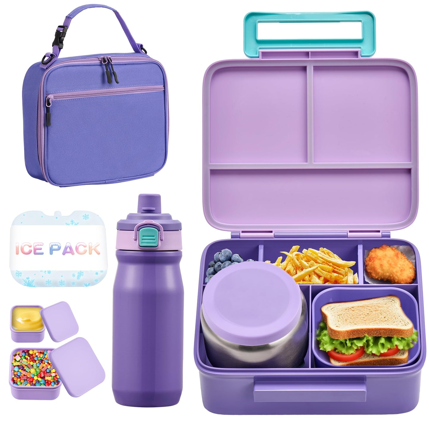 Bento Lunch Box for Kids with 8oz Soup Thermo, Leak-proof Lunch Food Containers with 5 Compartment, Insulated Lunch Bag & 17oz Stainless Steel Water Bottle for School, Trvael