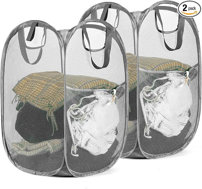 HOUSE AGAIN 2 Pcs Pop Up Laundry Hamper, Strong Mesh Laundry Baskets Collapsible, Hamper with Handles and Side Pocket, Portable Foldable Dirty Clothes for Dorm, Laundry room and Travel Storage, Grey