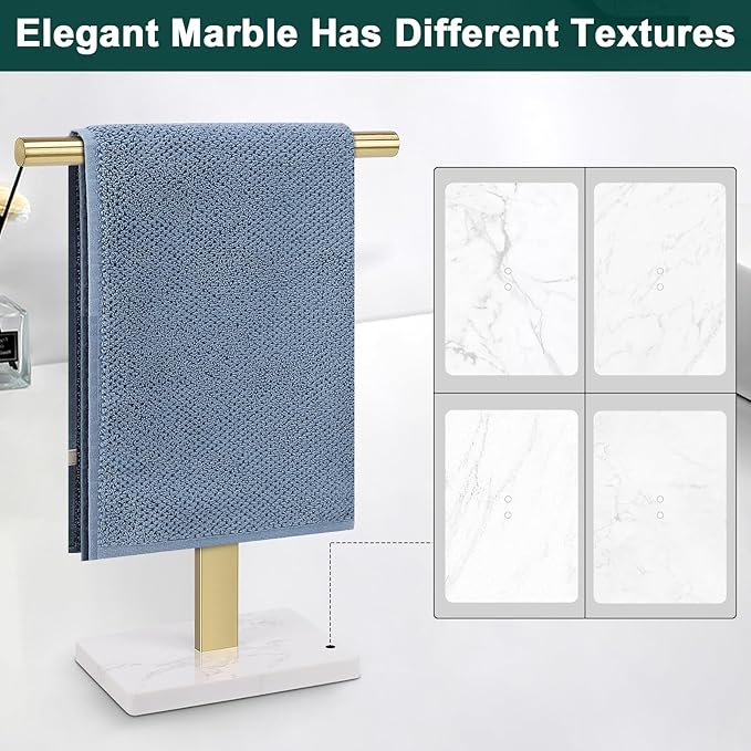Hand Towel Holder, T-Shape Hand Towel Stand for Bathroom, Hand Towel Rack Bar Standing for Vanity Kitchen Countertop, 304 Stainless Steel, Marble Base (Gold)