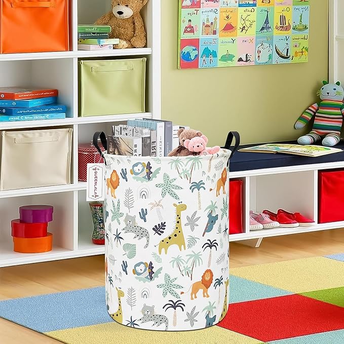 QUEENLALA Large Storage Basket,Laundry Hamper/Bathroom/Home Decor/Collapsible Round Storage Bin,Boys and Girls Hamper/Boxes/Clothing(Round-Animal)
